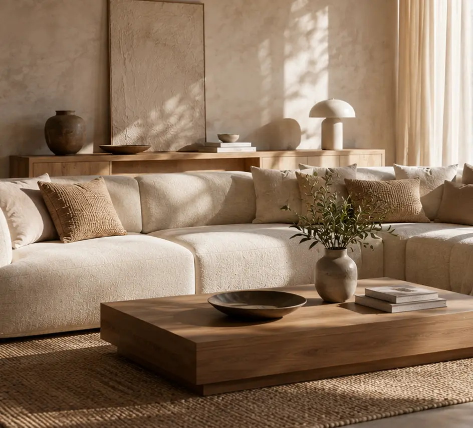 Bright living room with a beige sectional sofa, a wooden coffee table and a jute rug